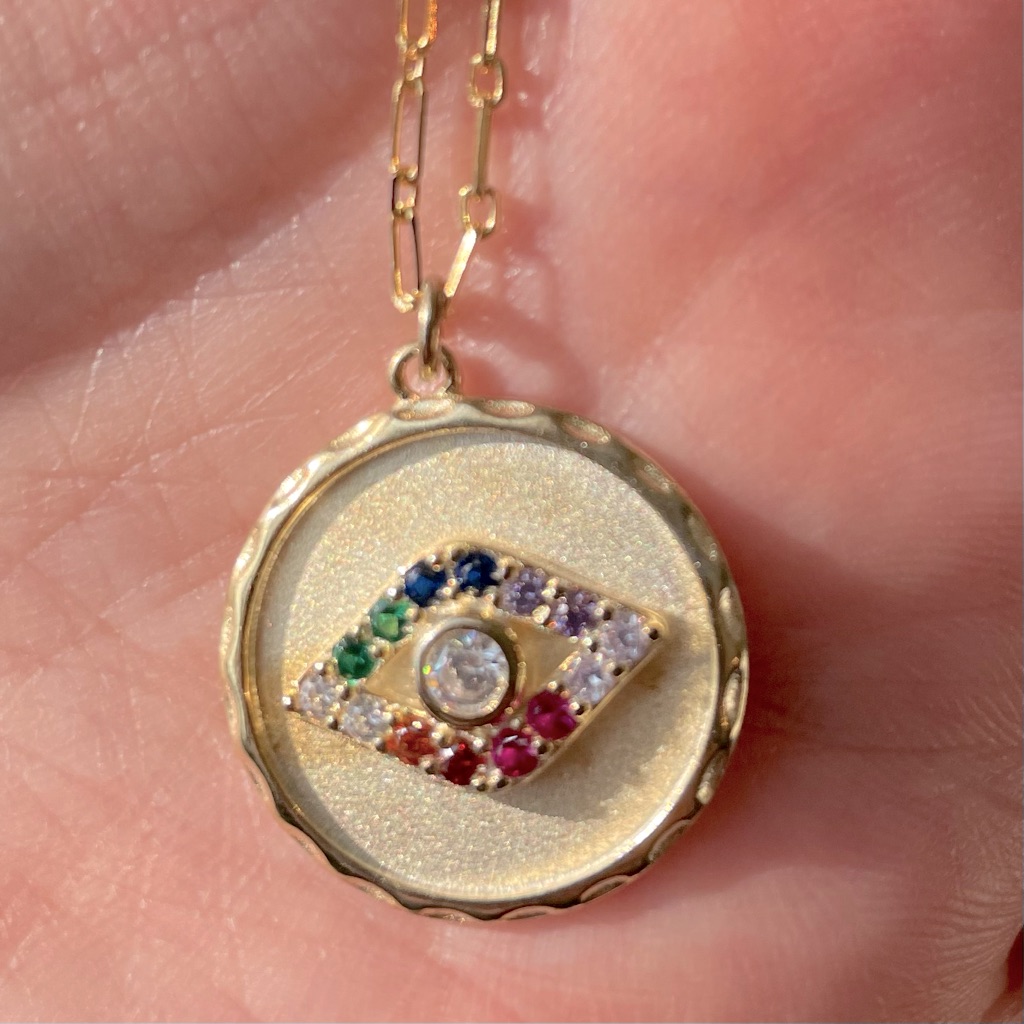 17 Inch Gold Plated Evil Eye Coin Necklace With Crystals 14$
